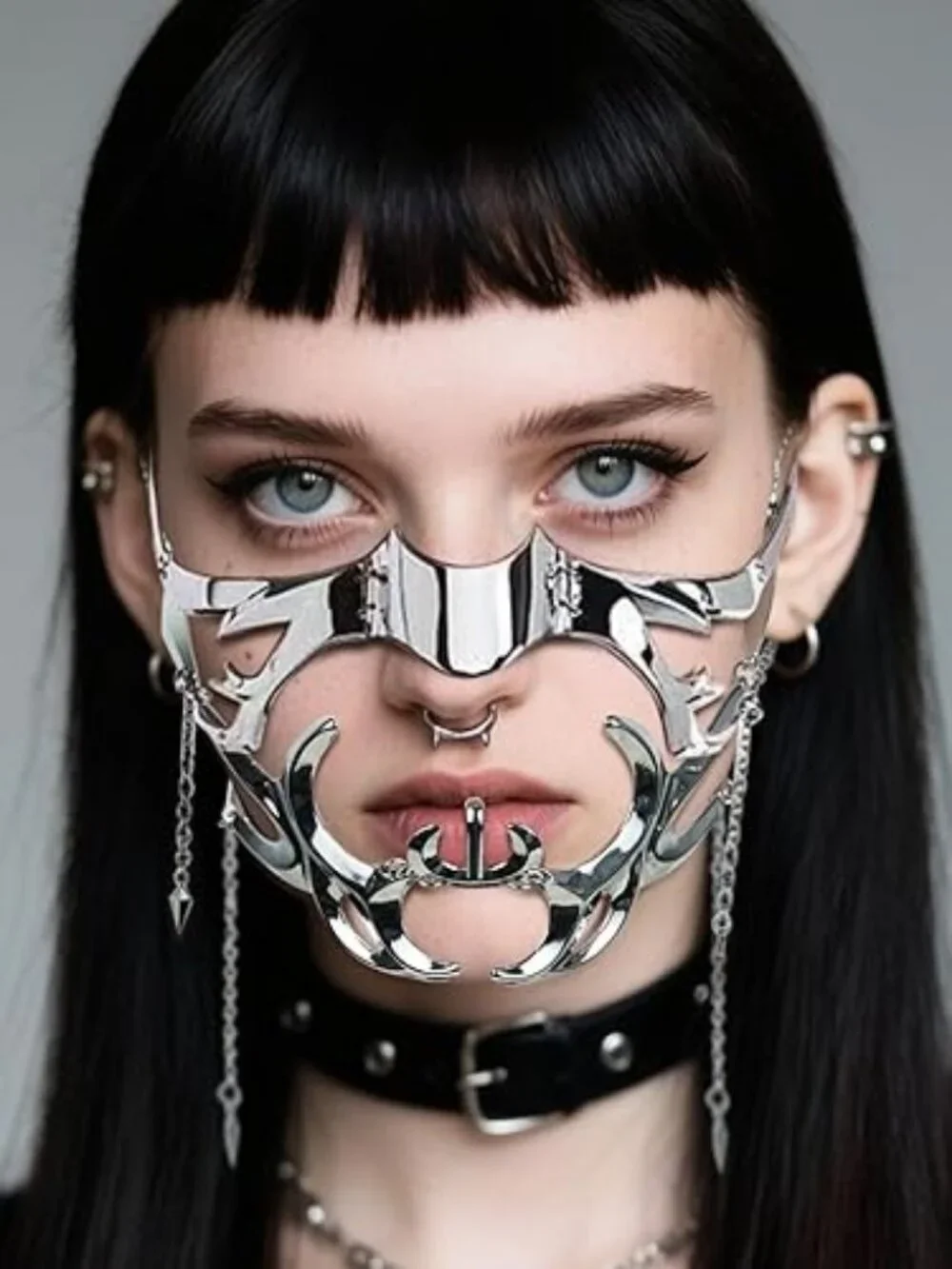 Cyberpunk Metal Half Mask Unisex Adjustable Chain for Masquerades Fest